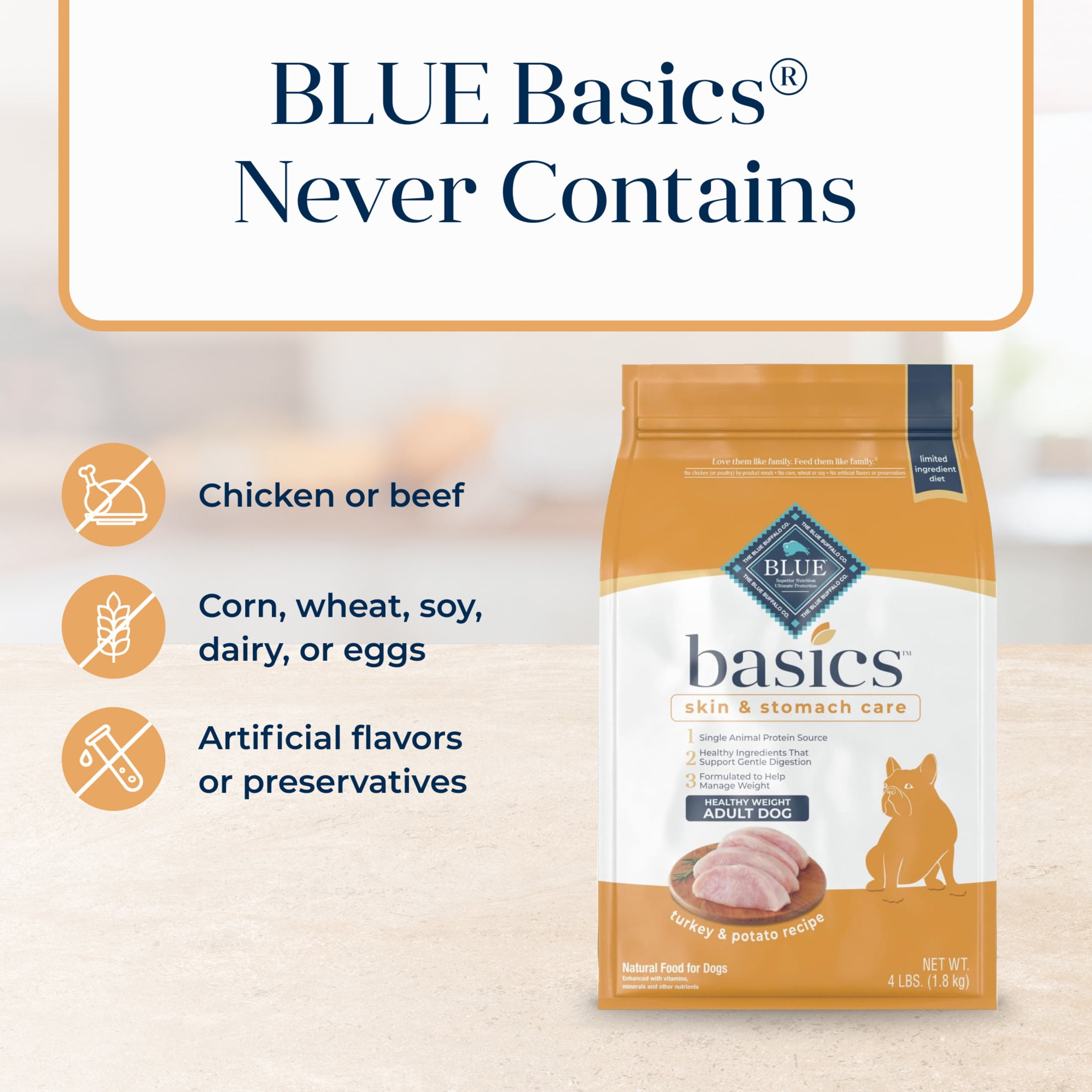Blue Buffalo Basics Skin & Stomach Care, Natural Adult Healthy Weight Dry Dog Food, Turkey & Potato 24-lb - Image 4