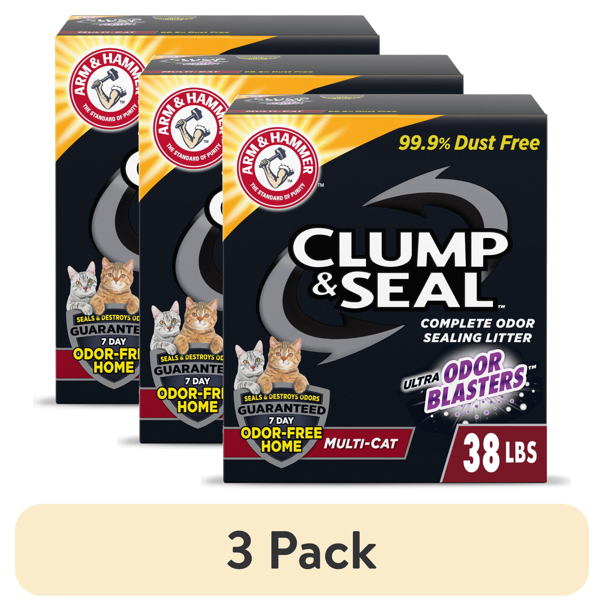 (3 pack) ARM & HAMMER Clump & Seal Cat Litter Multi-Cat Complete Odor Sealing Clay Clumping Cat Litter, 38 lb