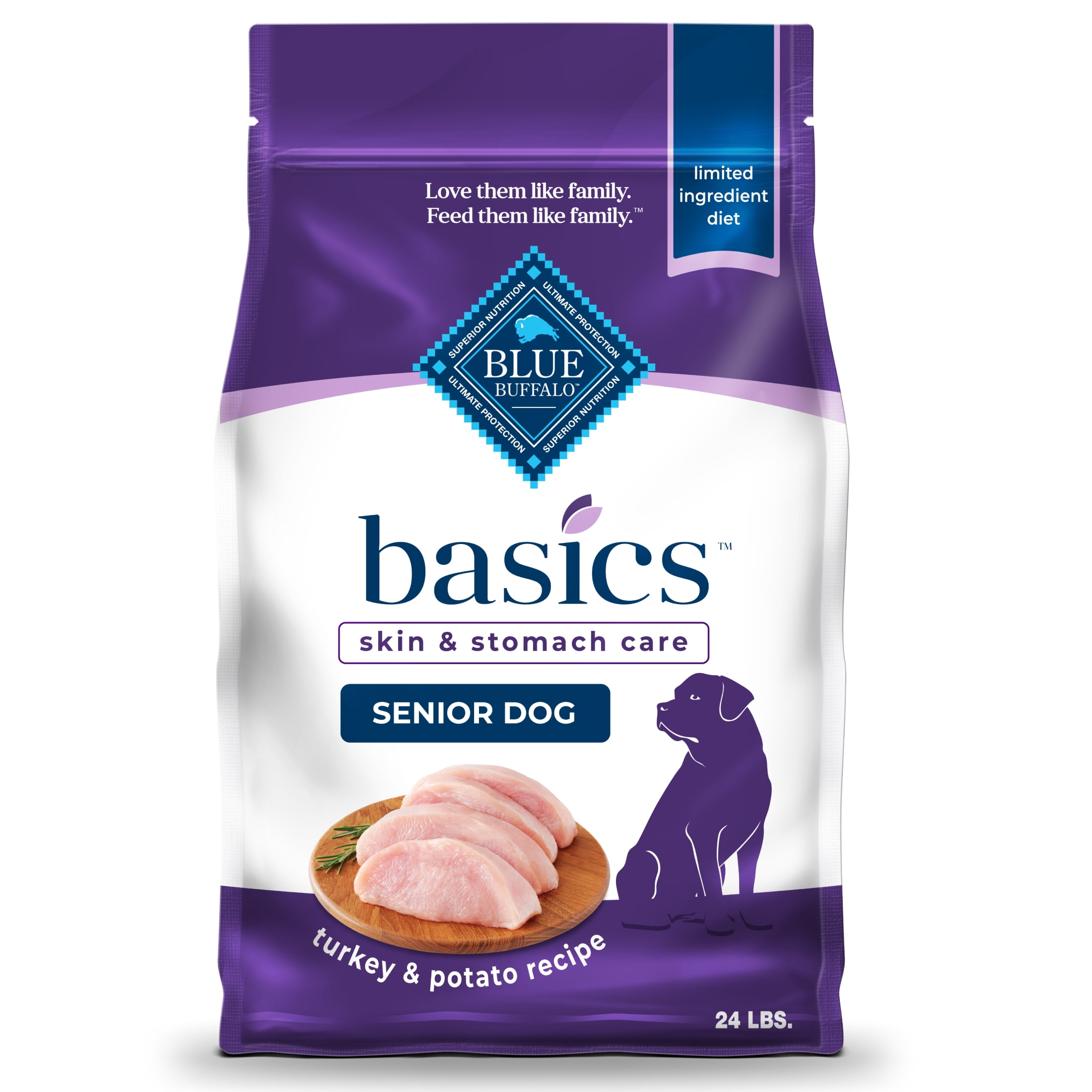 Blue Buffalo Basics Senior Dry Dog Food, Skin & Stomach Care, Turkey Recipe, 24-lb Bag
