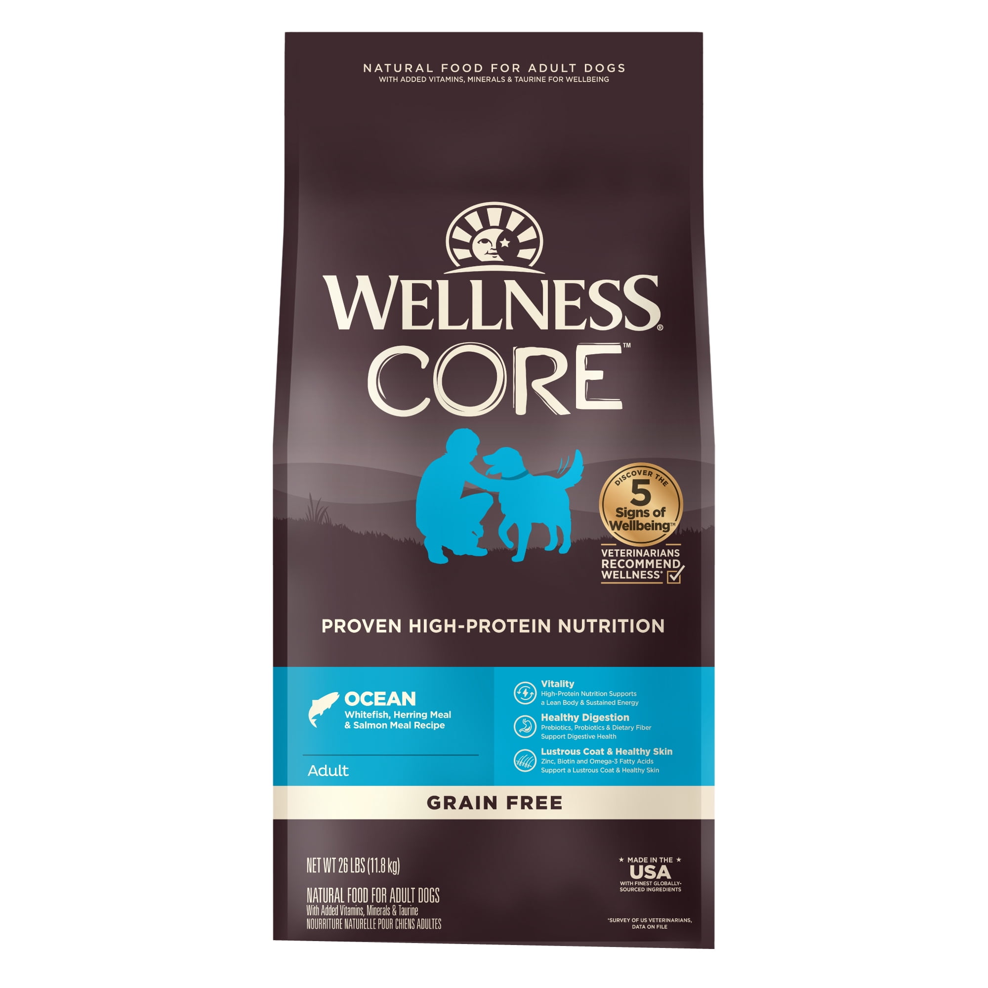 Wellness CORE Dry Dog Food, Grain Free, High Protein, Natural, Ocean Whitefish, Herring, & Salmon Recipe, (26-Pound Bag)