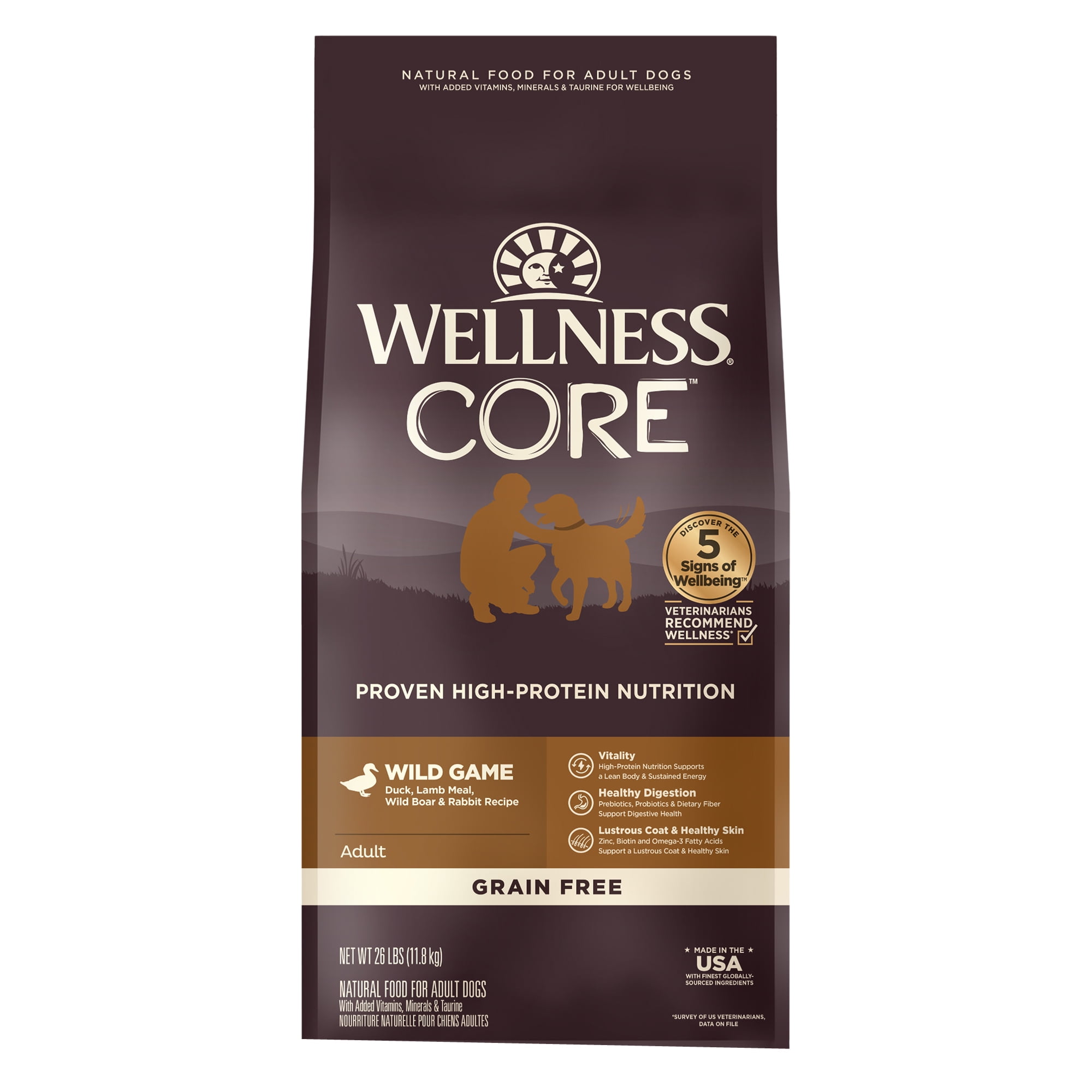 Wellness CORE Natural Grain Free Dry Dog Food, Wild Game Duck, Lamb Meal, Wild Boar & Rabbit, 26-Pound Bag