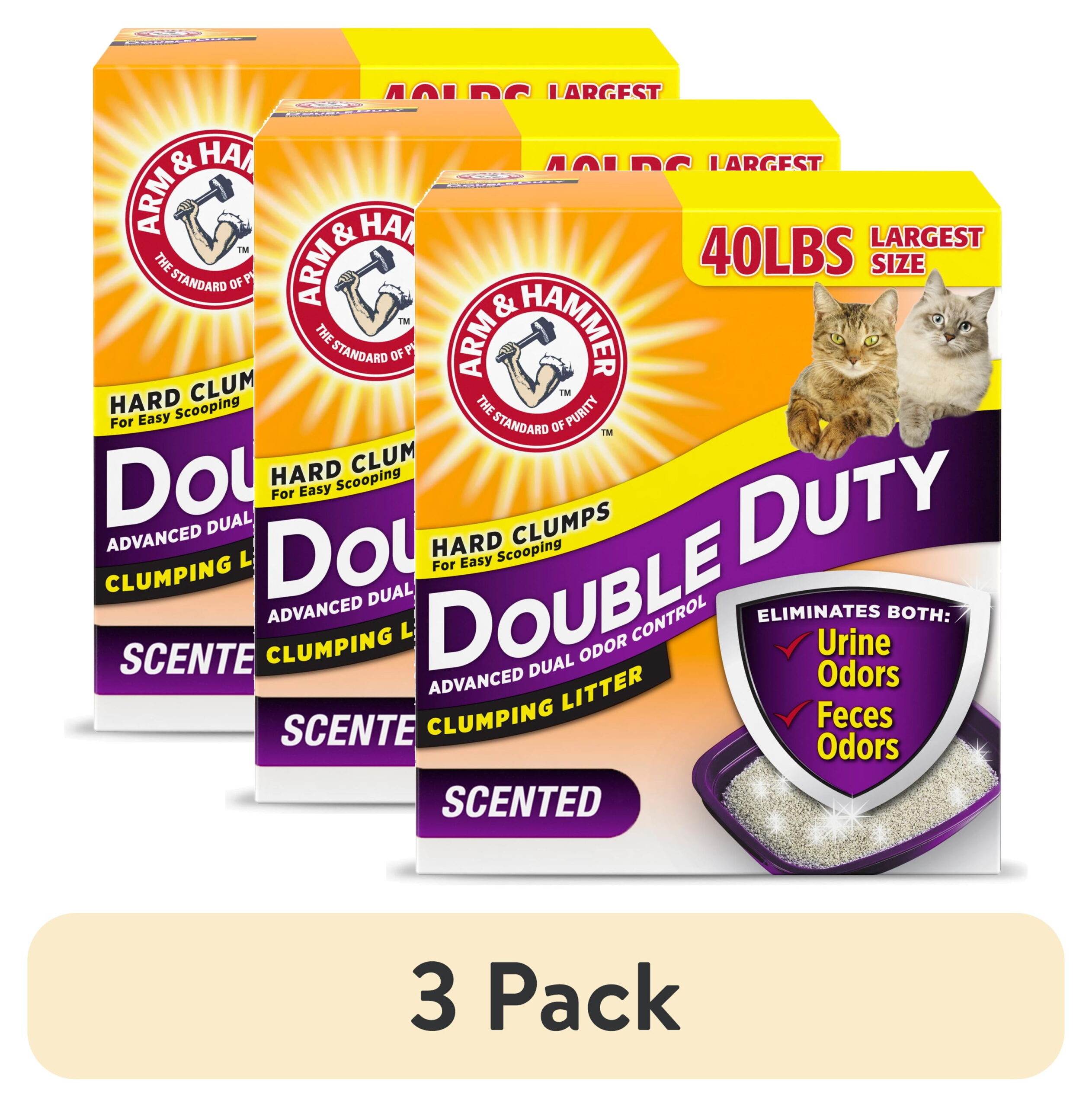 (3 pack) ARM & HAMMER Double Duty Cat Litter, Advanced Odor Control Clumping Cat Litter, Scented, 40 lb