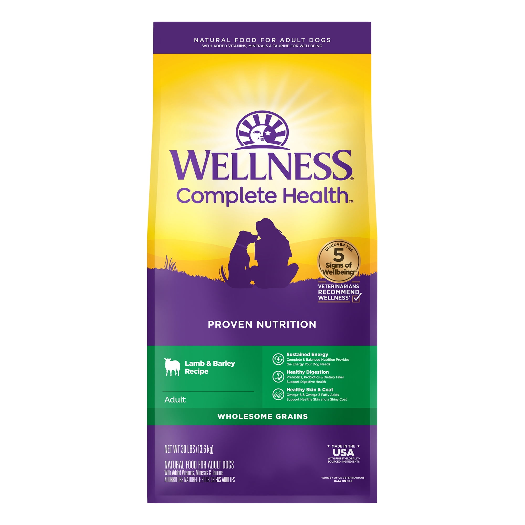 Wellness Complete Health Natural Dry Dog Food, Lamb & Barley, 30-Pound Bag