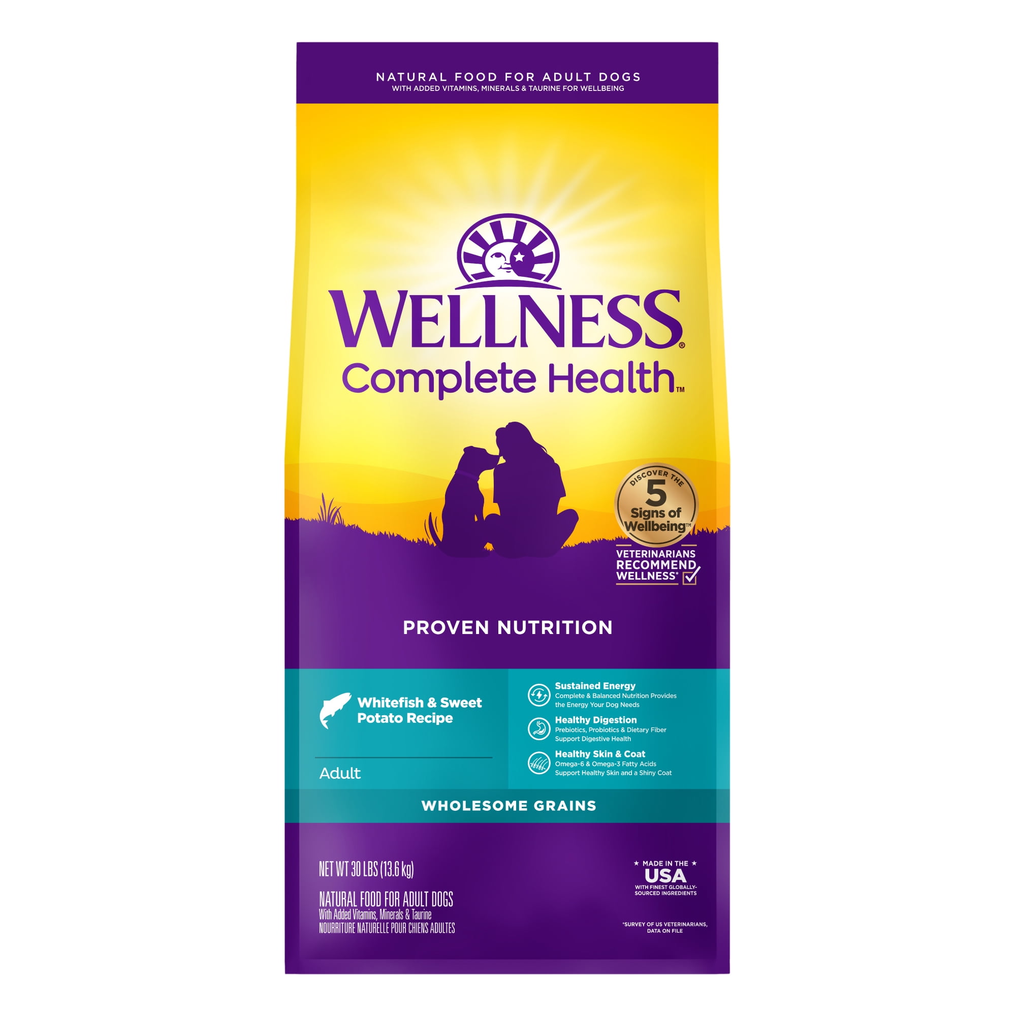 Wellness Complete Health Dry Dog Food, Wholesome Grains, Natural, Whitefish & Sweet Potato Recipe, (30-Pound Bag)